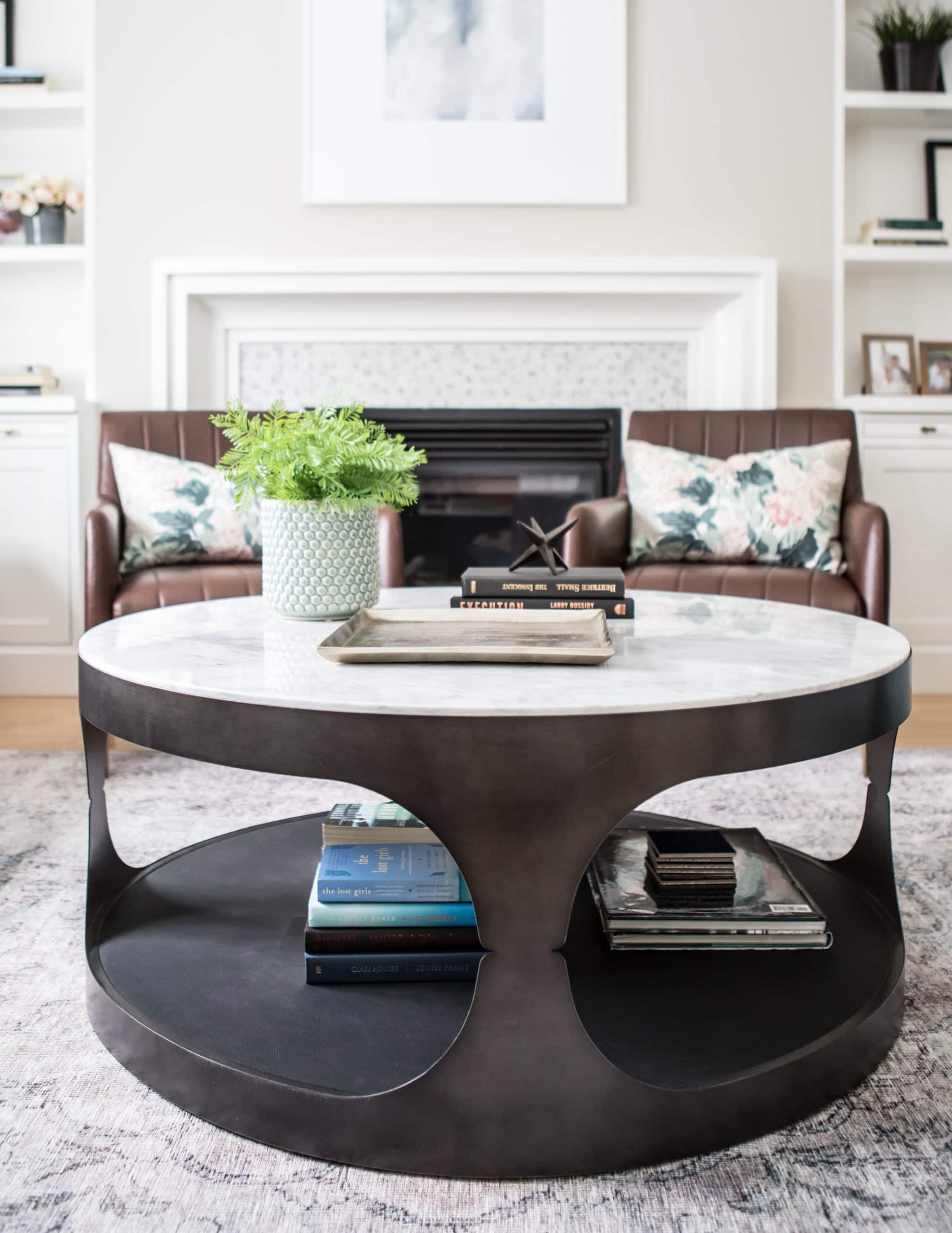 Modern, round table within a living room